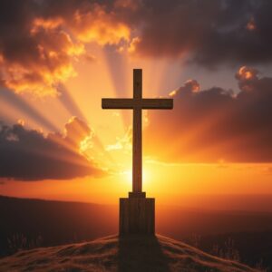 A majestic weathered golden cross stands on a hilltop at sunset, with warm amber light breaking through dramatic clouds, symbolizing the eternal kingship of Jesus Christ, evoking reverence, faith, and hope.