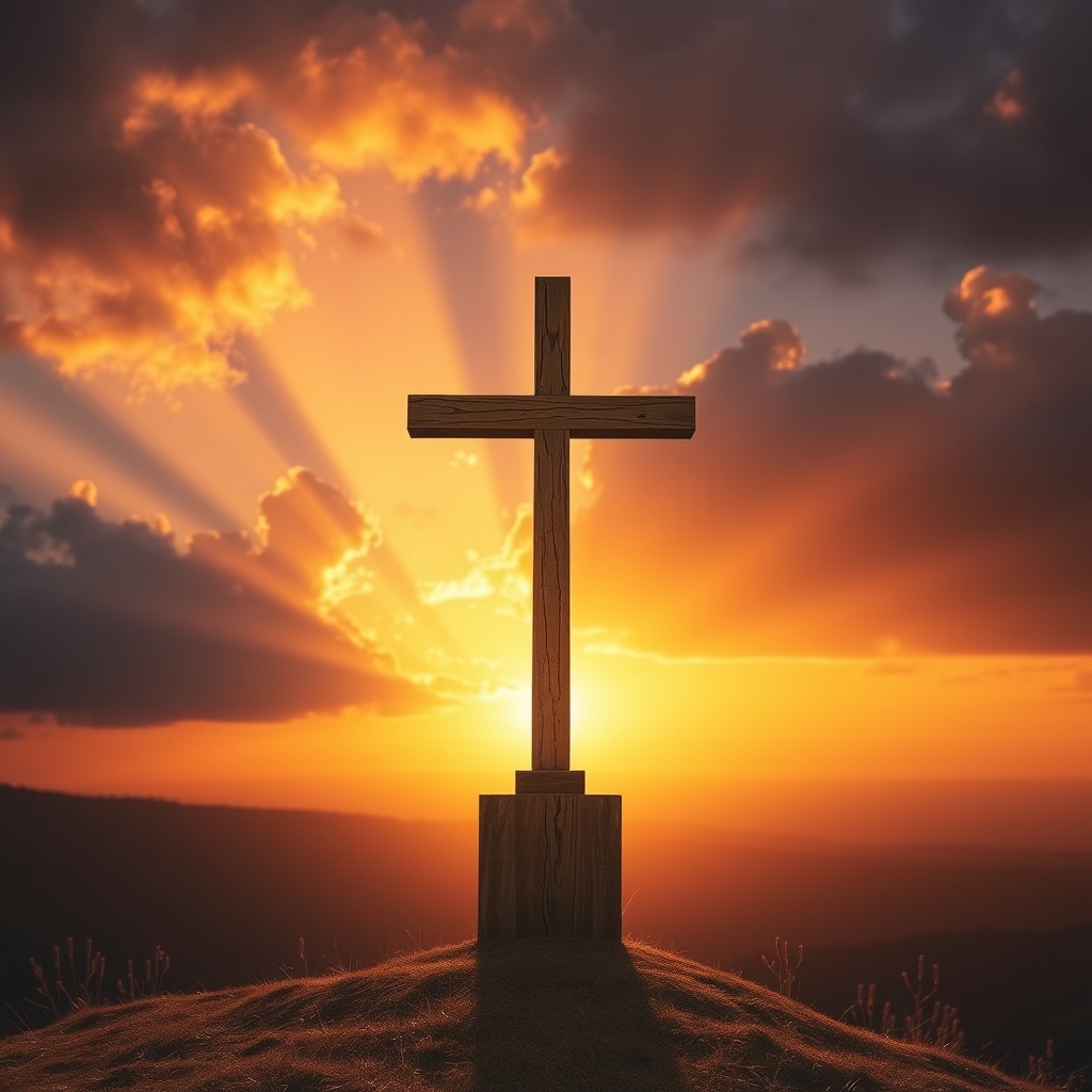 A majestic weathered golden cross stands on a hilltop at sunset, with warm amber light breaking through dramatic clouds, symbolizing the eternal kingship of Jesus Christ, evoking reverence, faith, and hope.