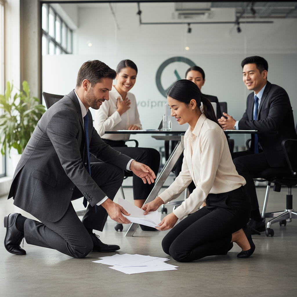 A male leader humbly helping a team member pick up spilled papers in an office.