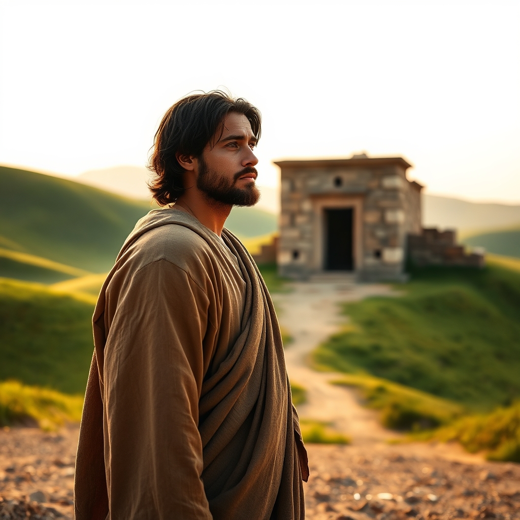 A man in ancient robes looking solemnly at a stone tomb in a golden, dusty landscape.