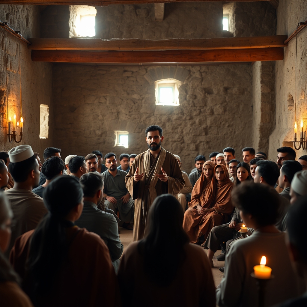 A man in robes speaking to a diverse group of people gathered in a warm, rustic stone-walled interior with soft natural and candlelight