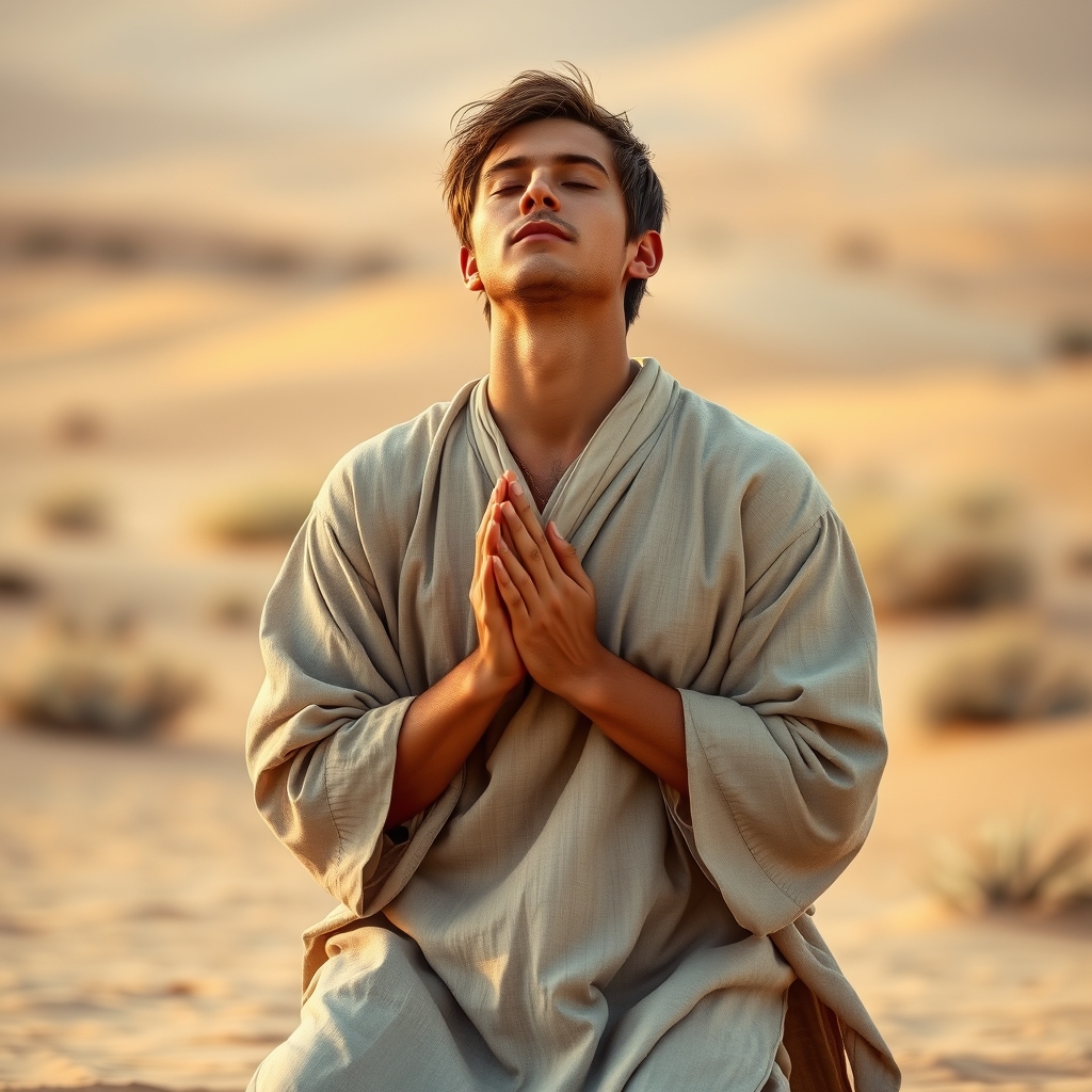 A man in simple linen clothing kneels in a desert clearing at dawn, hands clasped in prayer with a peaceful expression.