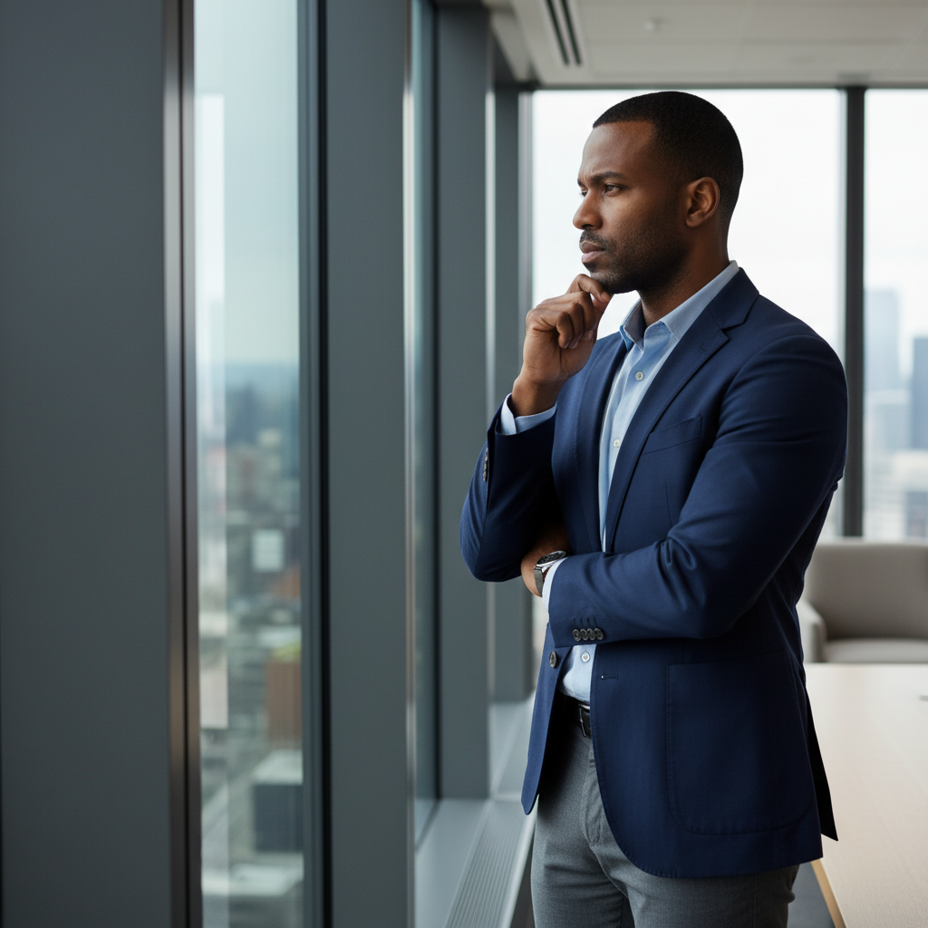 A man looks thoughtfully out a window, contemplating a serious decision.