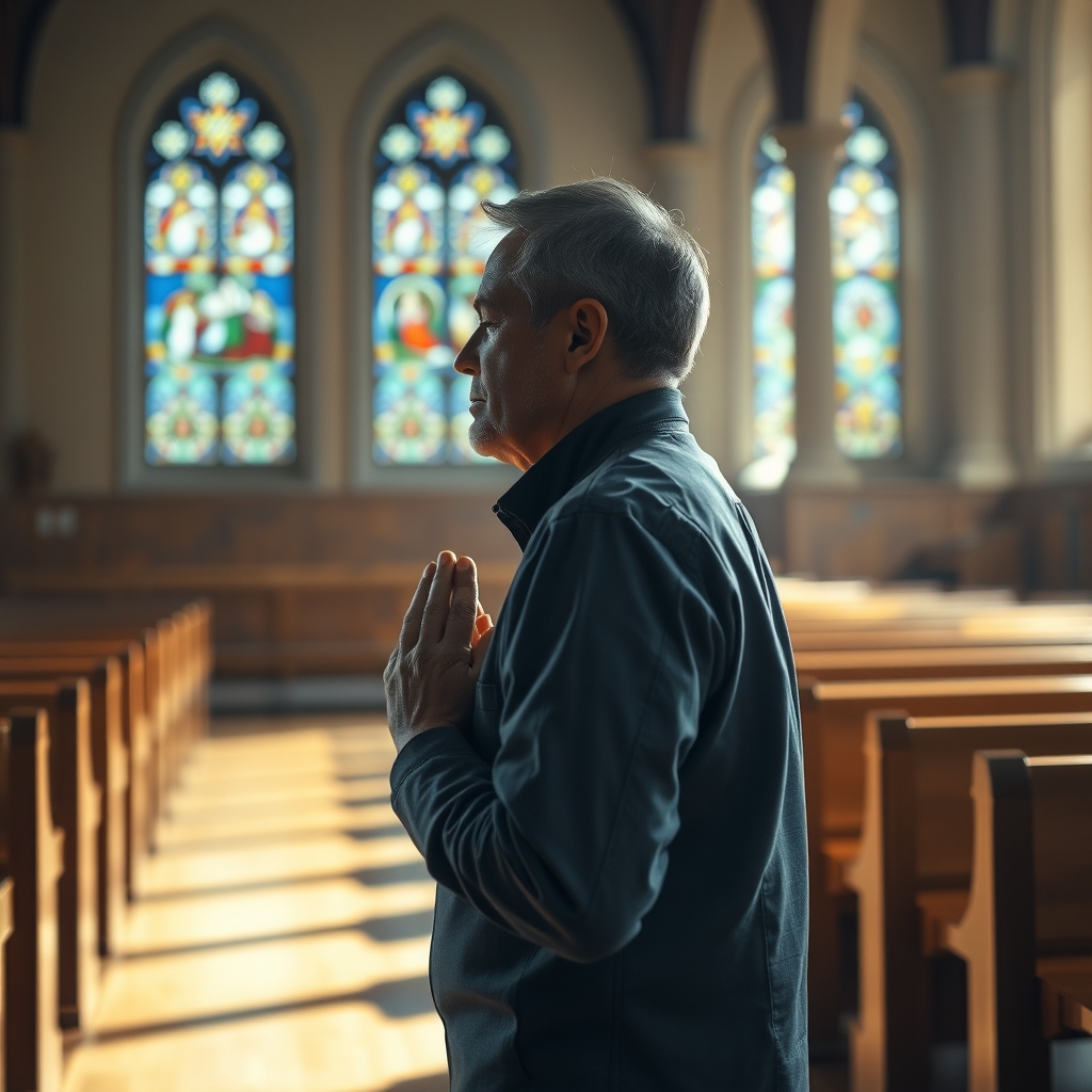 A man praying quietly in a softly lit church, seeking comfort and assurance.