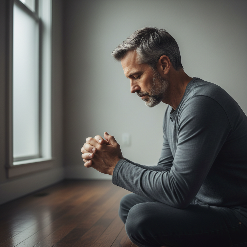 A man praying reverently with his head bowed and hands clasped.
