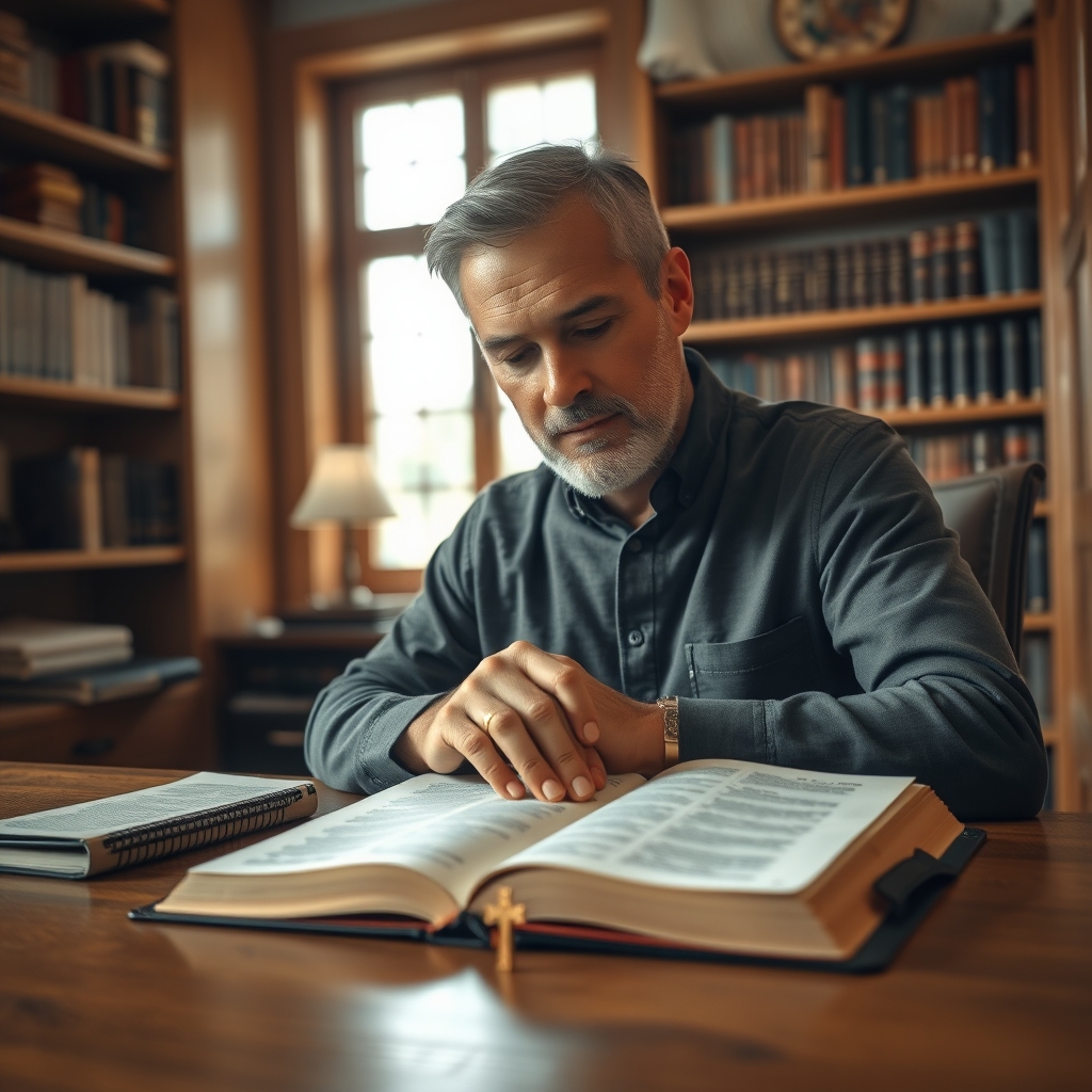 A man reading a Bible in a peaceful study, reflecting on the meaning of Luke 23:33-43.