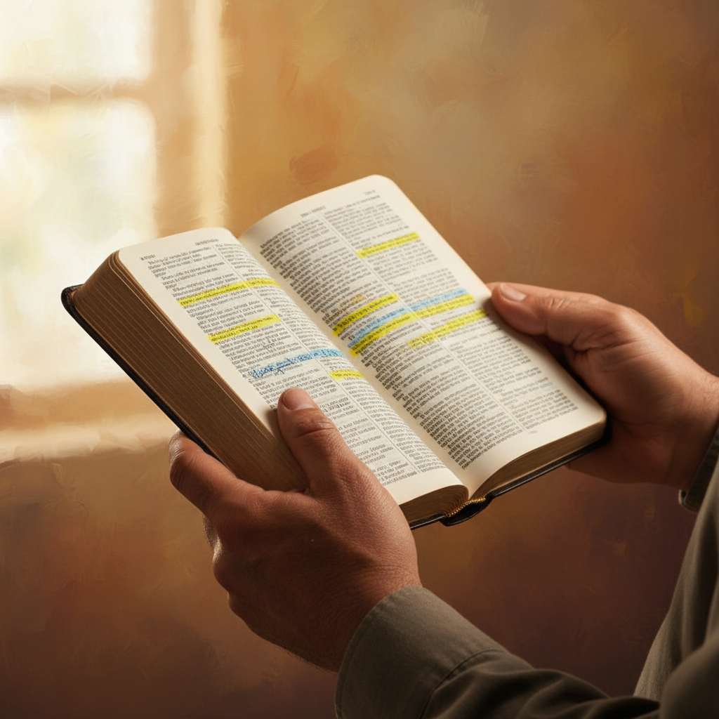 A man's hands gently holding an open, highlighted Bible, symbolizing faith and fulfilled prophecy.
