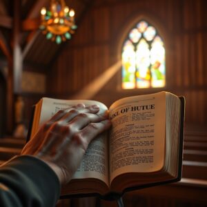 A man's hands holding an open Bible in a softly lit church chapel, with warm golden light filtering through stained glass windows, evoking reverence and devotion.