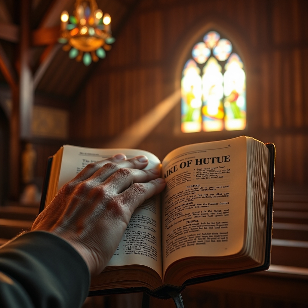 A man's hands holding an open Bible in a softly lit church chapel, with warm golden light filtering through stained glass windows, evoking reverence and devotion.