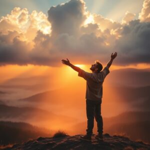 A man stands on a misty mountain at sunrise with arms lifted in worship, rays of golden light streaming through the clouds behind him, symbolizing surrender to Jesus as Lord.
