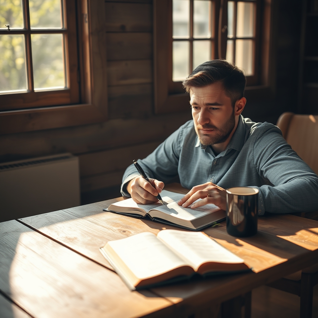 A man thoughtfully writing in a journal at a wooden desk beside a closed Bible, bathed in warm sunlight, conveying intentionality and devotion.