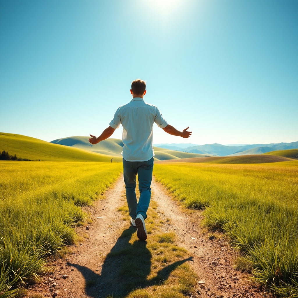 A man walking confidently along a sunlit path through a green meadow under a clear blue sky, symbolizing walking in faith and purpose.