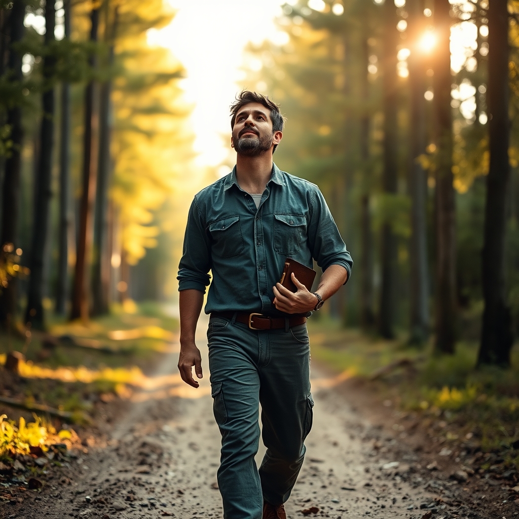 A man walking contemplatively through a sunlit forest holding a worn Bible, with soft natural light and distant trees.