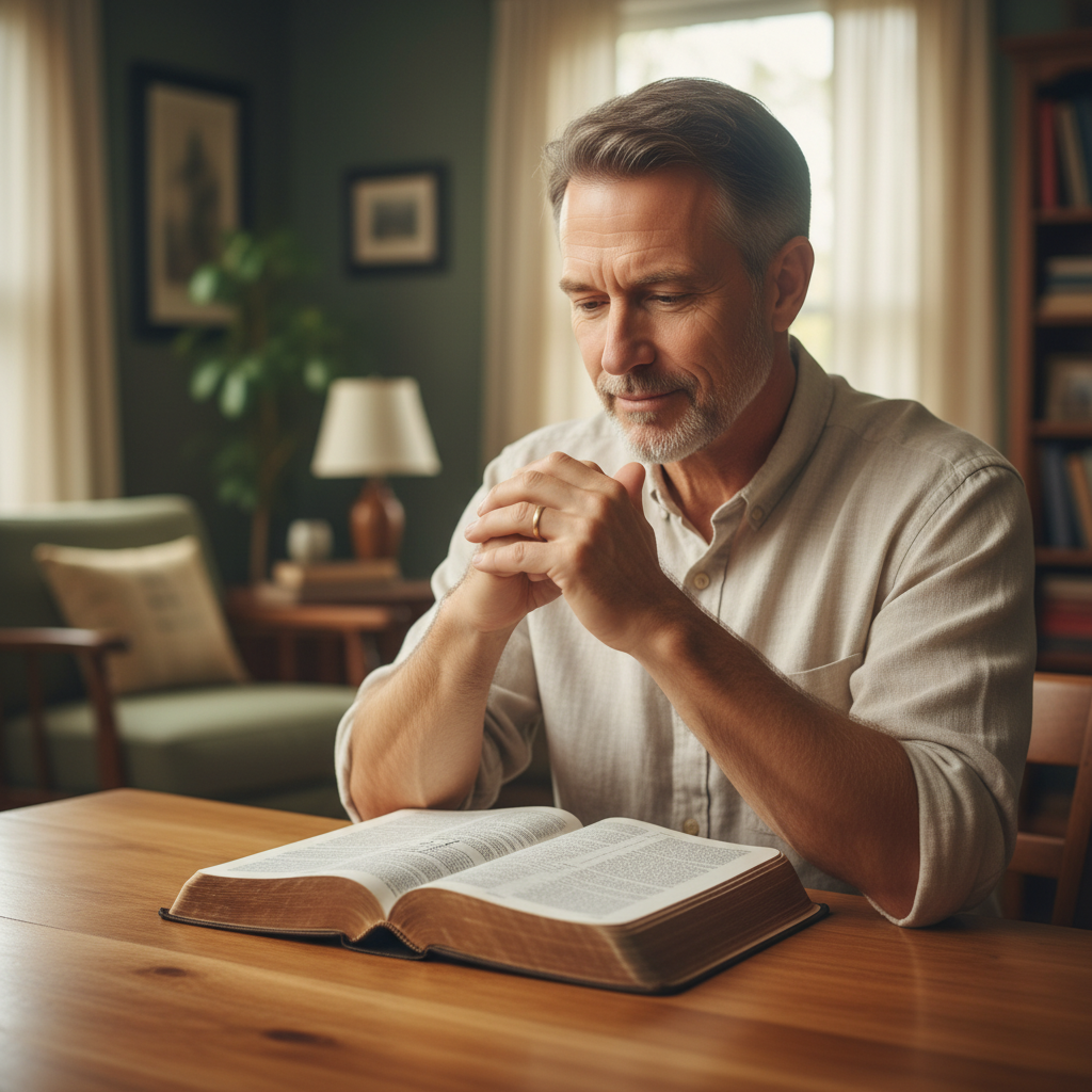 A man with a thoughtful expression sits at a table with an open Bible, reflecting on scripture.