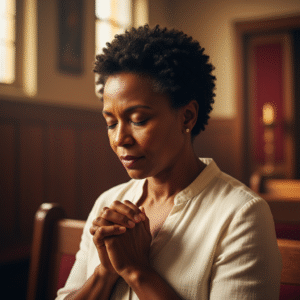 A mature Black woman with eyes closed and hands clasped in prayer, embodying deep spiritual devotion and the essence of gospel music.