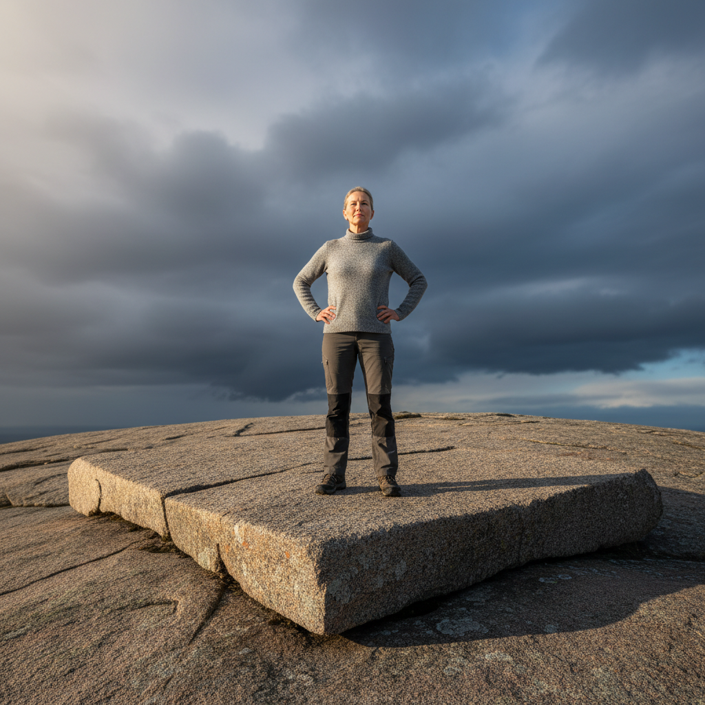 A mature individual standing firmly on a massive bedrock foundation, illustrating steadfastness and unwavering faith amidst potential turmoil.