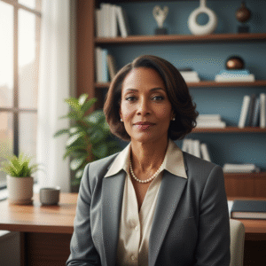 A mature woman with a profoundly thoughtful and resilient expression, conveying unwavering trust and deep spiritual resolve in a clean, modern professional setting.