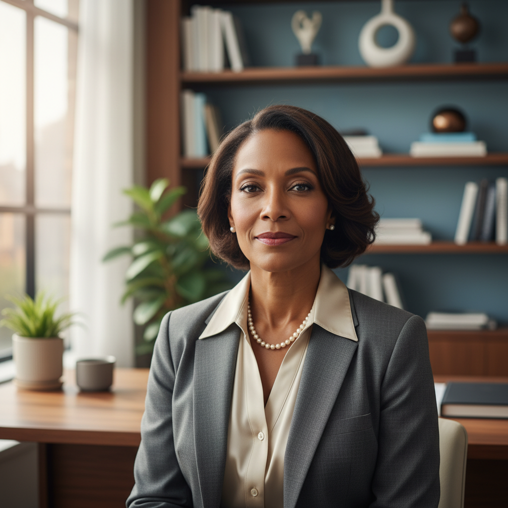 A mature woman with a profoundly thoughtful and resilient expression, conveying unwavering trust and deep spiritual resolve in a clean, modern professional setting.