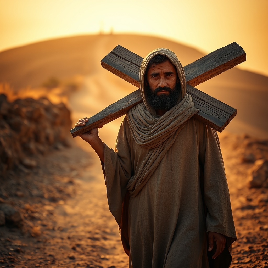 A Middle Eastern man in traditional robes carries a heavy wooden crossbeam on a dusty ancient road, casting a long shadow on the ground.