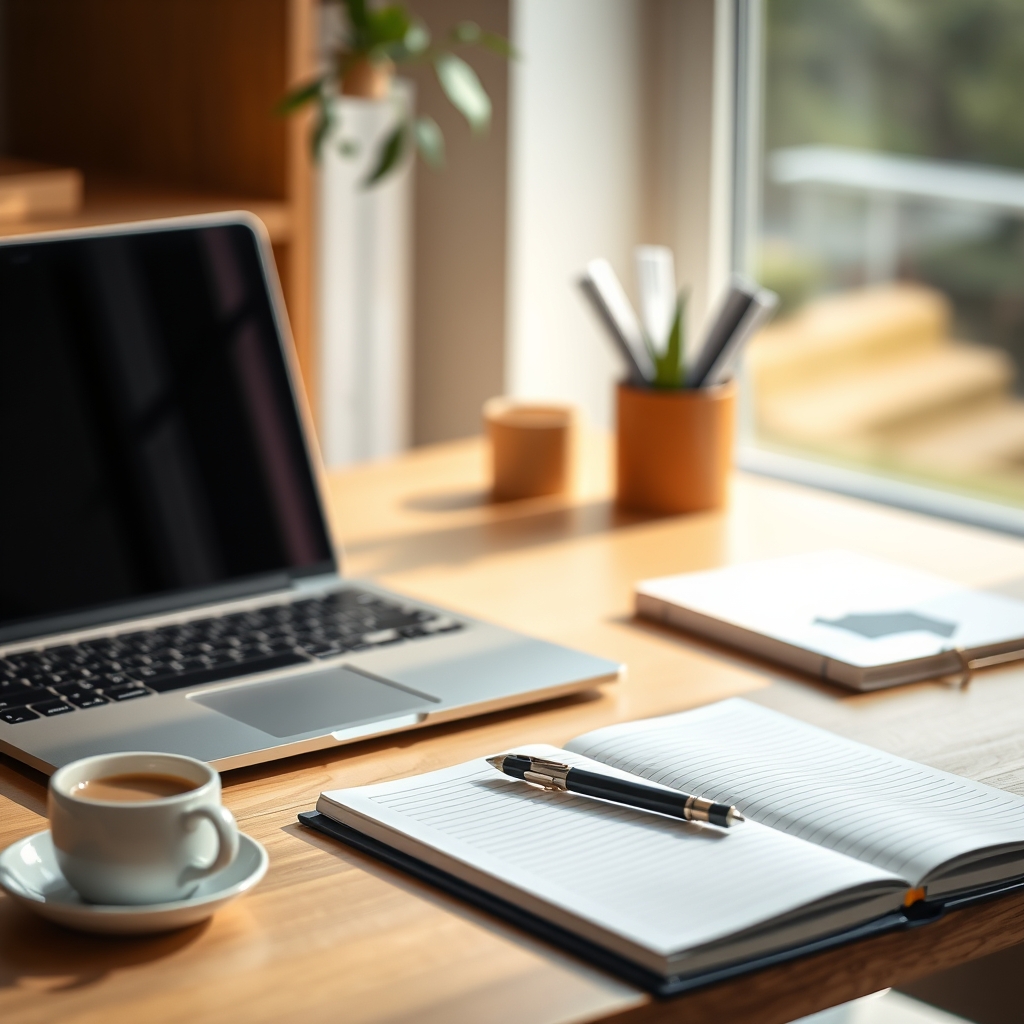 A modern, clean, and organized study desk with a laptop, notebook, and a cup of coffee with soft natural light.