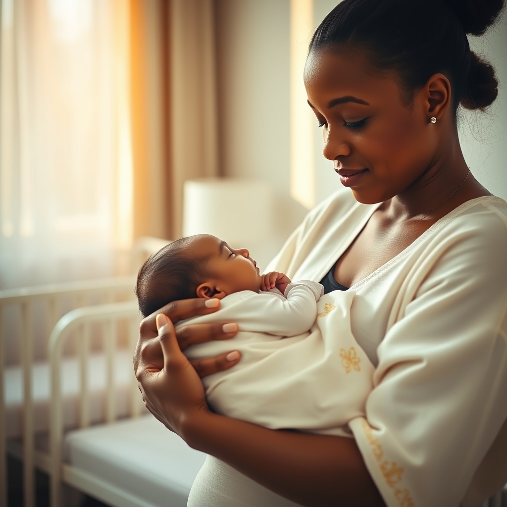 A mother lovingly cradling her newborn baby in a softly lit nursery, conveying warmth, tenderness, and sacred care.
