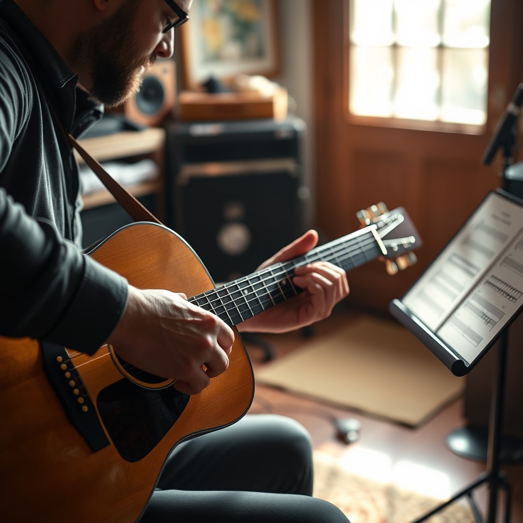 A musician playing guitar in a warm, intimate worship space, with chord charts visible, expressing dedication to worship music.