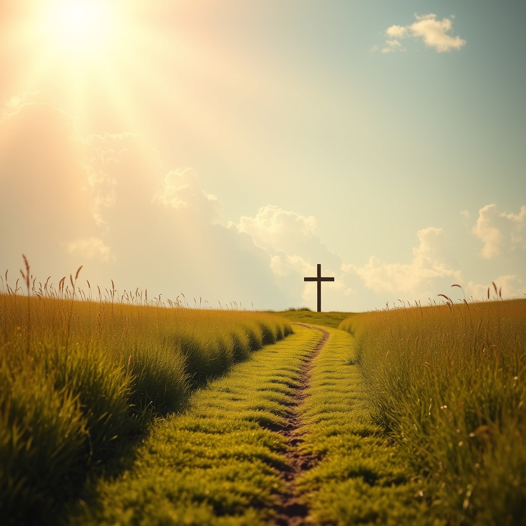 A narrow sunlit path through a green meadow leading toward a cross on the horizon under a glowing sky.