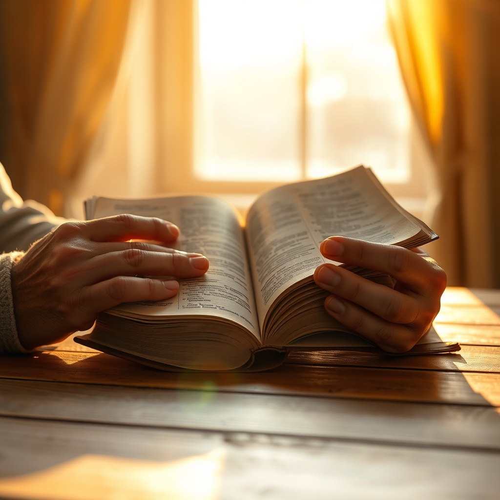 A pair of hands gently holding an open Bible in warm, golden sunlight.