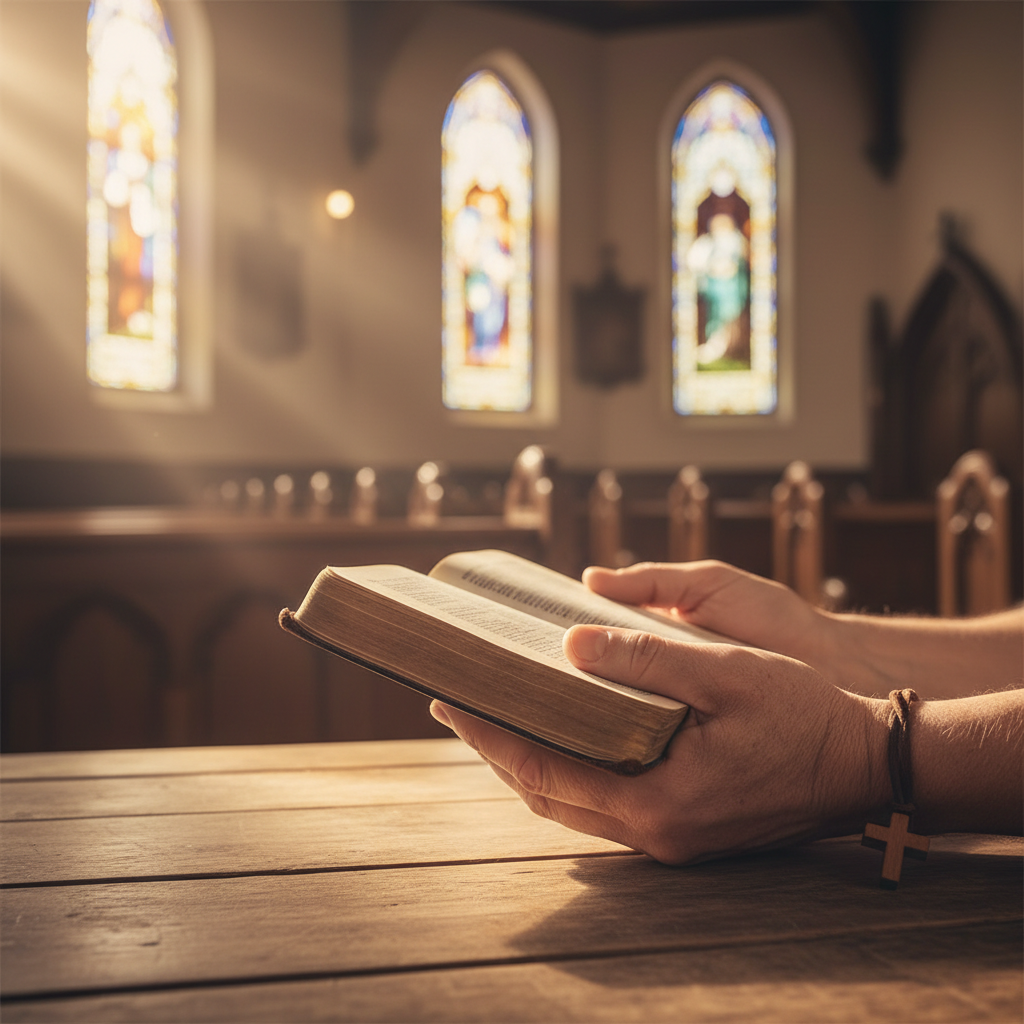 A pair of hands holding an open Bible on a wooden table with warm sunlight streaming in, evoking a reverent and intimate moment of worship and devotion.