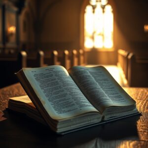 A pair of weathered hands gently holding an open, ancient Bible resting on a dark wooden table, bathed in warm golden light, with a softly blurred chapel background, evoking a reverent and contemplative spiritual atmosphere.