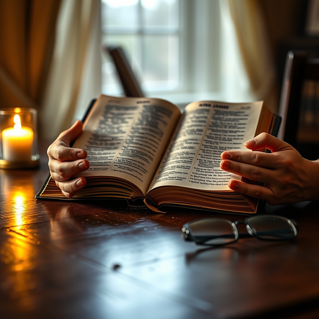 A pair of weathered hands holding an open King James Bible on a wooden table, with warm light illuminating the pages and a candle nearby.