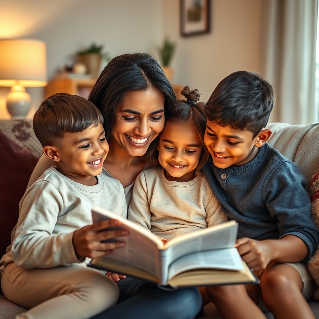 A parent reading a Bible story to children in a cozy living room, illustrating the joy of teaching kids about Jesus.