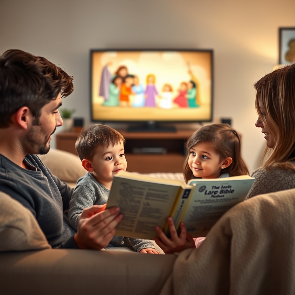 A parent reading the Bible with a child as a Superbook scene appears on a TV in the background, connecting animation to Scripture.