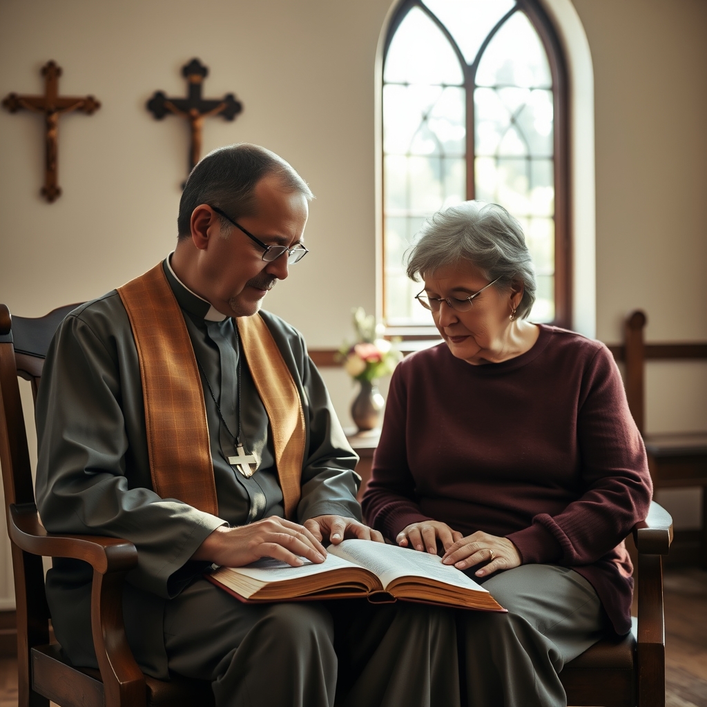 A pastor and parishioner praying together over a book in a quiet church room with soft natural light and a crucifix on the wall.