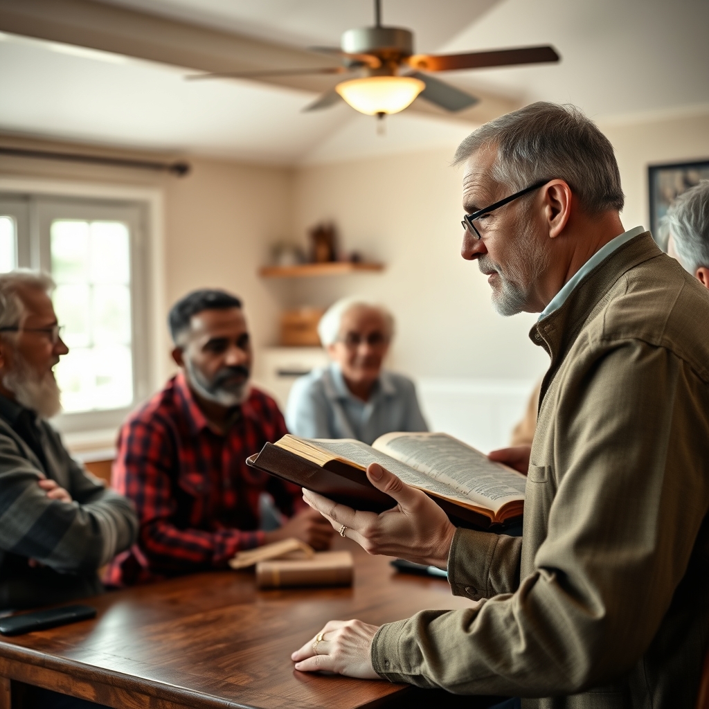 A pastor explaining scripture to a small group bible study in a warmly lit, educational setting, conveying compassion and reverence.