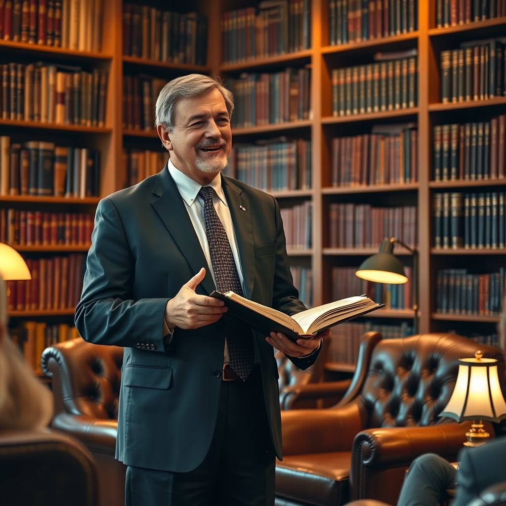 A pastor in a dark suit speaking to a small group in a warmly lit study filled with theological books, holding an open Bible.