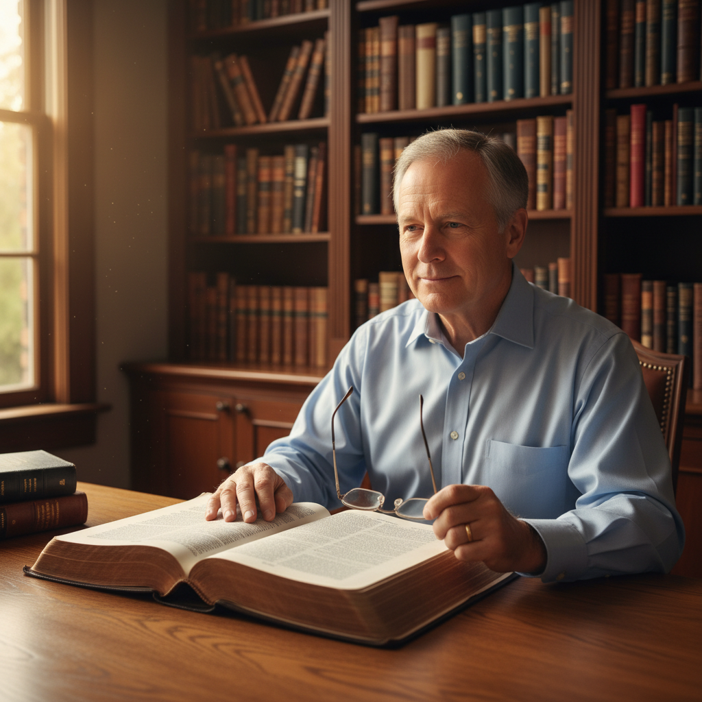 A pastor in a library studies an open Latin Vulgate Bible.
