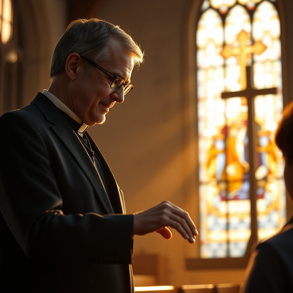 A pastor placing a hand on a young person's shoulder in a warmly lit church with stained glass windows