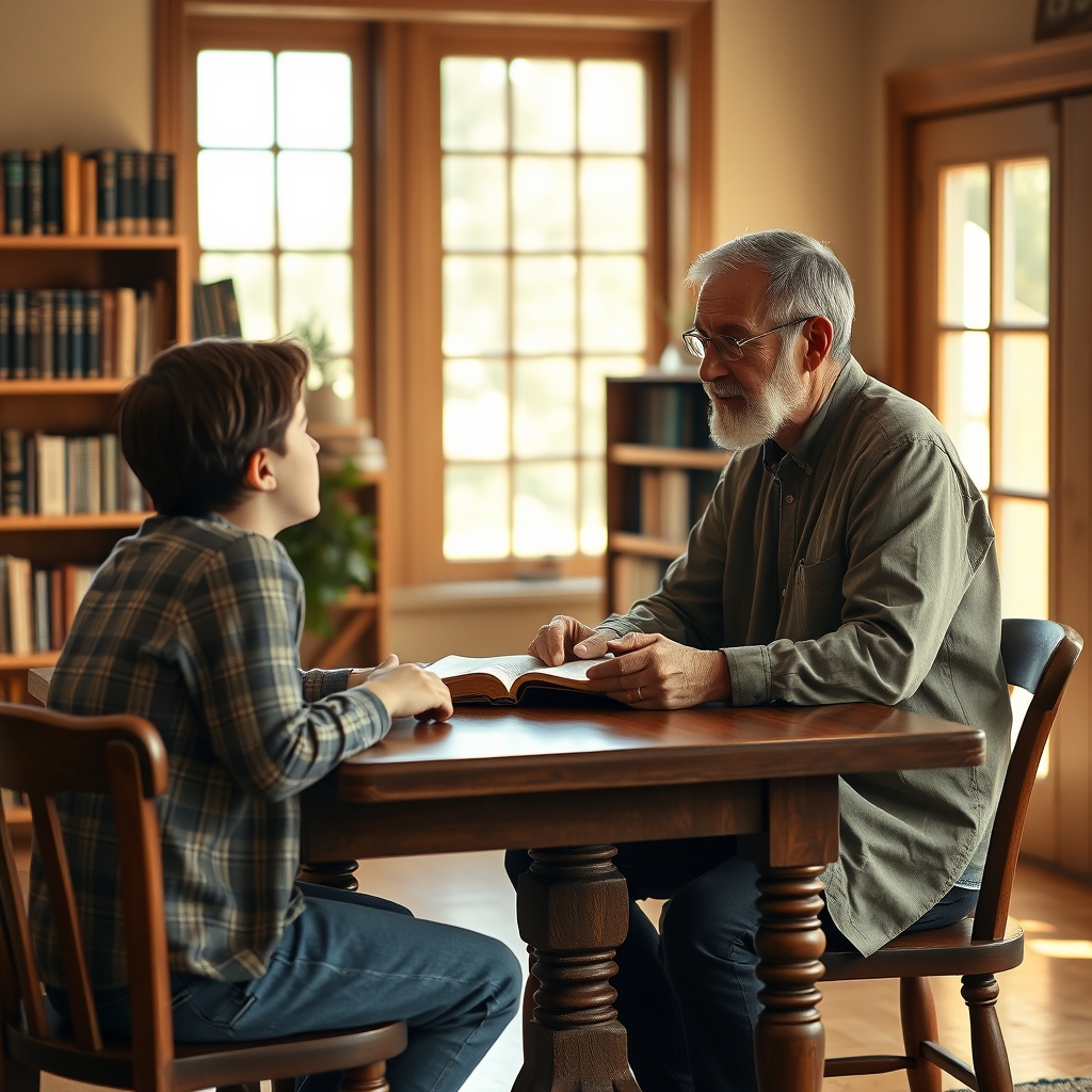 A pastor sitting across from a young adult in a warm study room, discussing faith with an open Bible on the table between them.