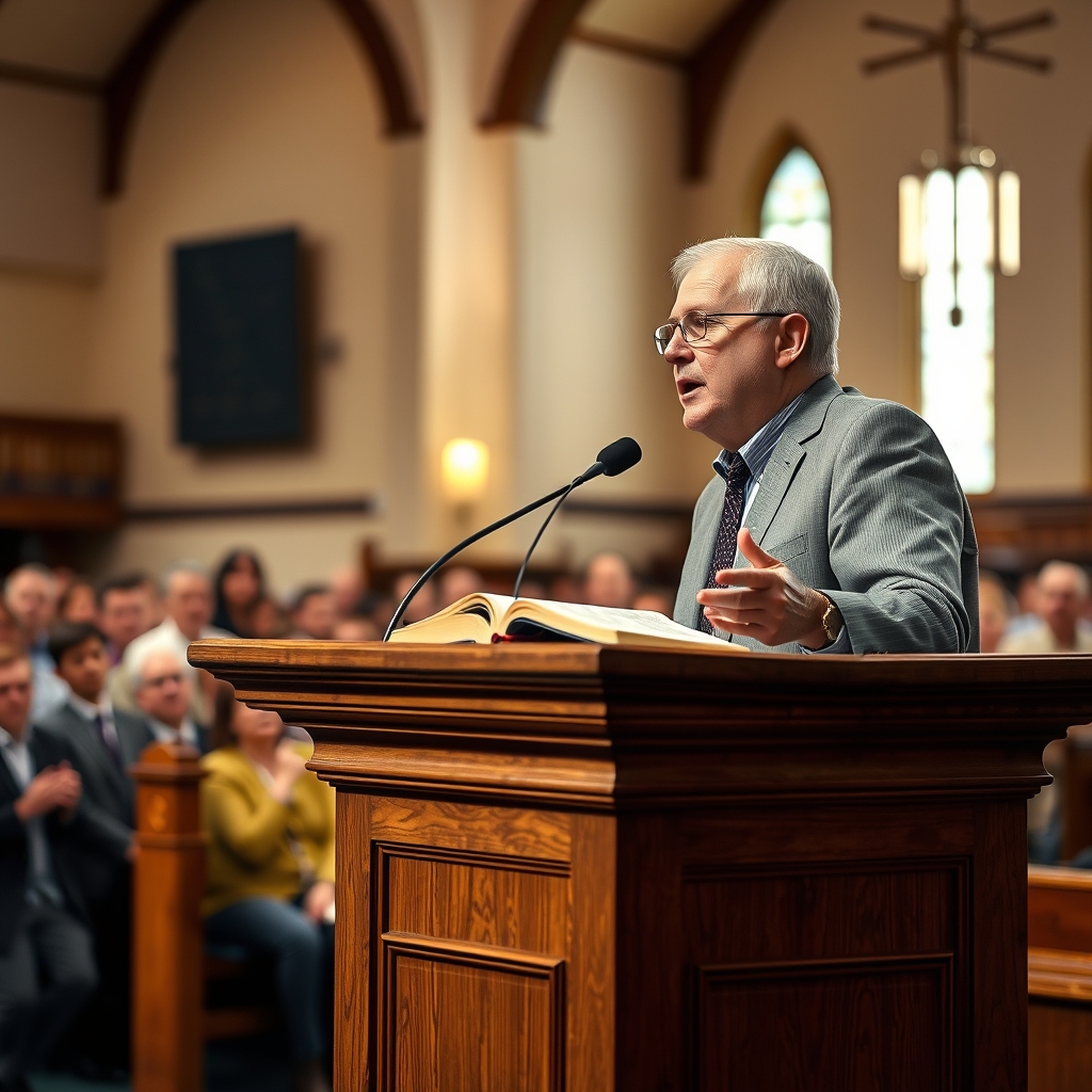 A pastor speaking at a wooden pulpit with an open Bible, addressing a congregation in a warm, well-lit church.