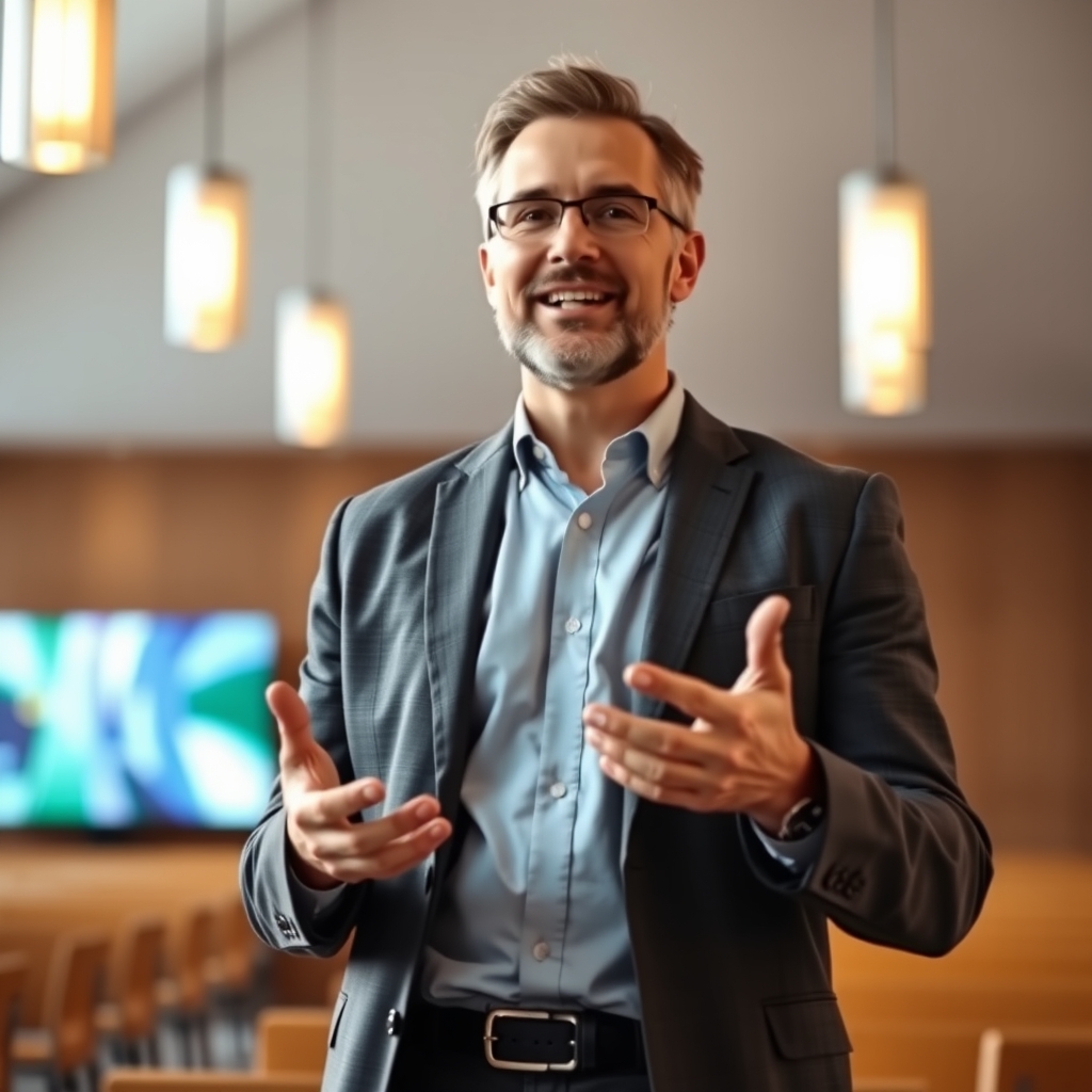 A pastor speaking confidently in a modern church setting, sharing messages of faith and hope.