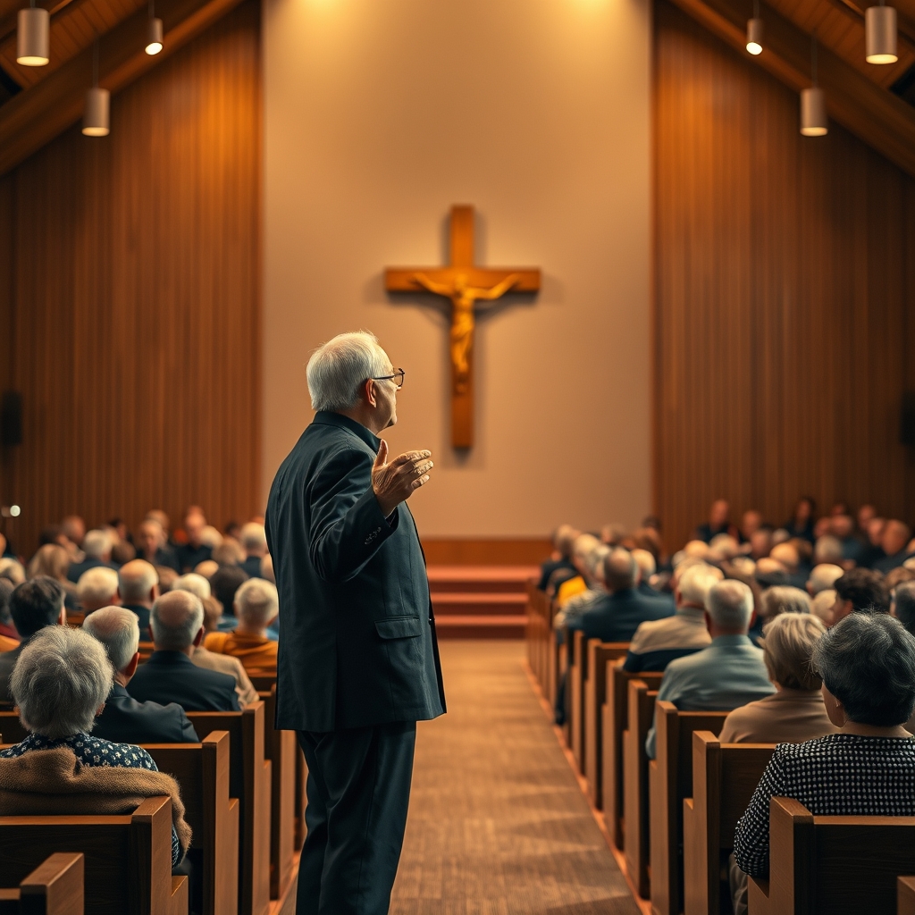 A pastor speaking on stage in a warmly lit church sanctuary with cross visible and congregation seated in wooden pews.