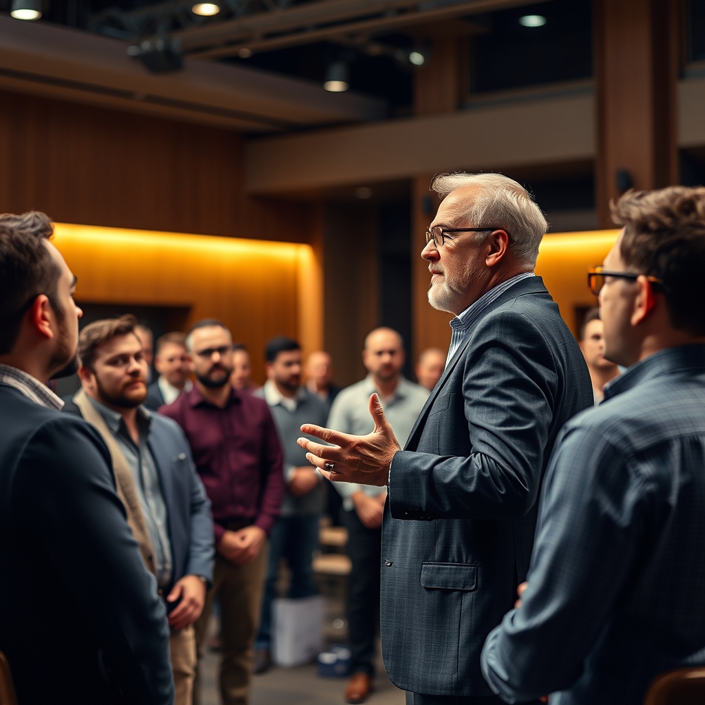 A pastor speaking to a group of men in a modern church setting, with warm stage lighting and an attentive audience.