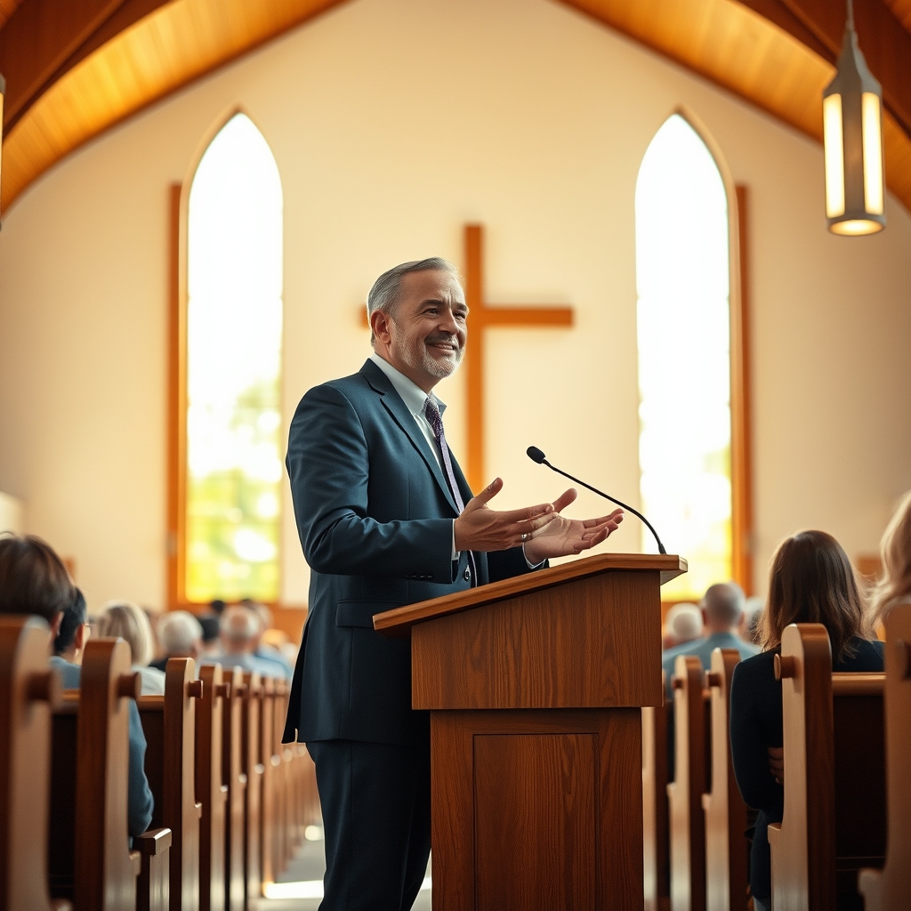 A pastor teaching about honoring Jesus with a compassionate expression in a warmly lit church sanctuary.