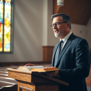 A pastor teaching from the Bible in a church, illustrating the meaning of Luke 4:24 about a prophet not being accepted in his hometown.