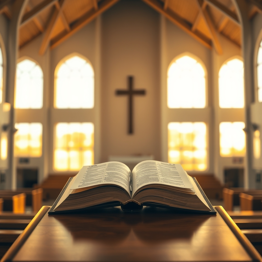A peaceful church interior with an open, aged Bible on a wooden lectern, bathed in warm golden light.