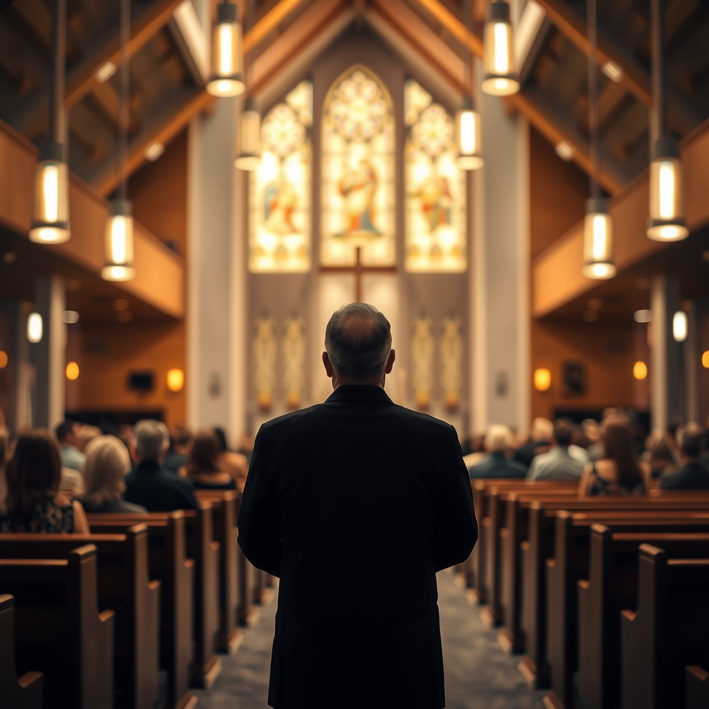 A peaceful church interior with congregants in quiet reflection