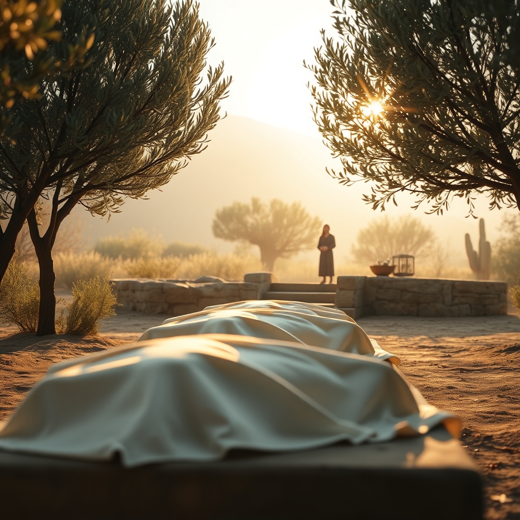 A peaceful early morning garden tomb scene with empty burial cloths on stone, bathed in soft golden light, viewed by a distant figure.