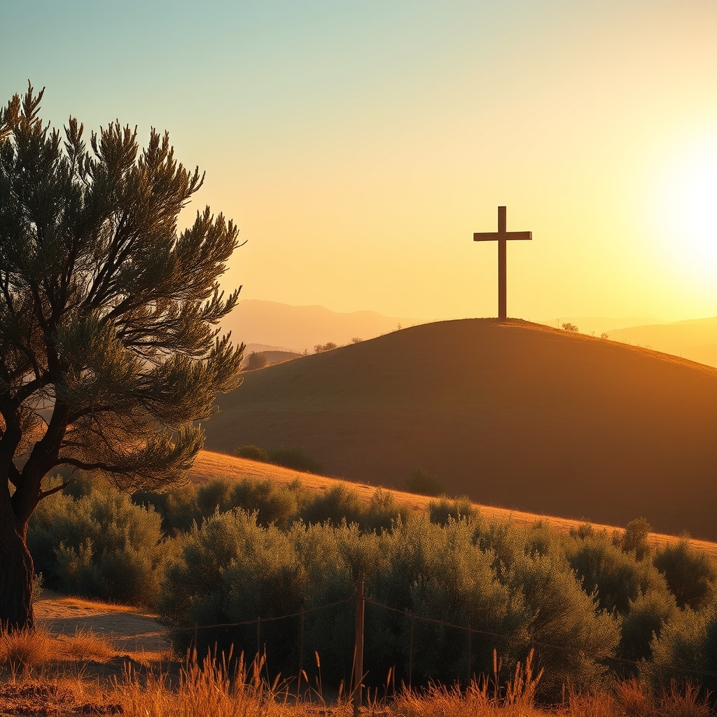A peaceful golden-hour landscape with olive trees and a distant wooden cross on a hill, symbolizing the life and legacy of Jesus of Nazareth.