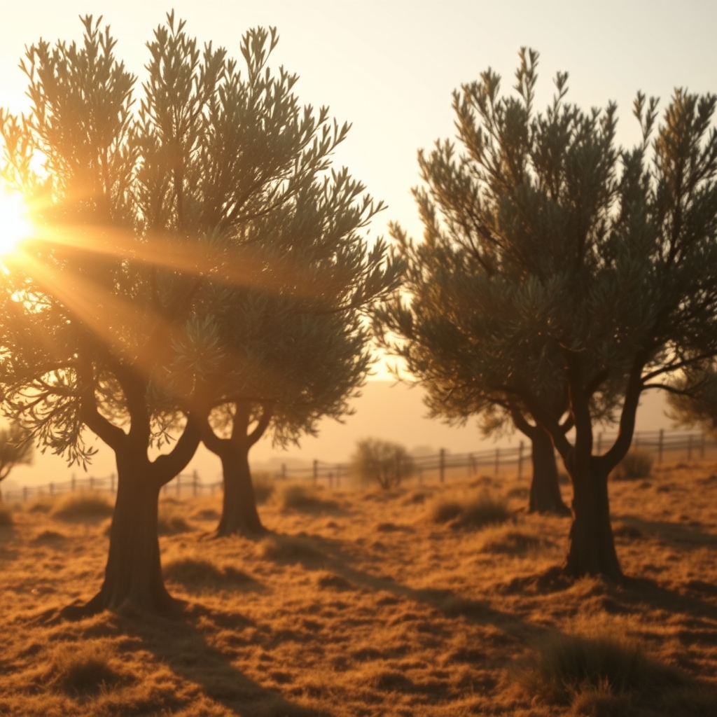 A peaceful, golden-hour landscape with soft sunlight filtering through ancient olive trees, evoking a sense of peace and reverence.